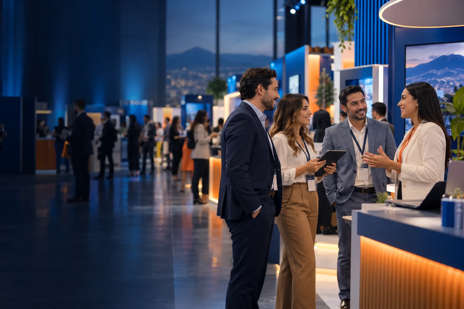 Imagen conceptual de profesionales descubriendo soluciones en una feria empresarial